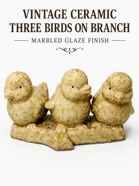 Vintage Ceramic Three Birds on Branch Figurine Marbled Glaze Home Decor